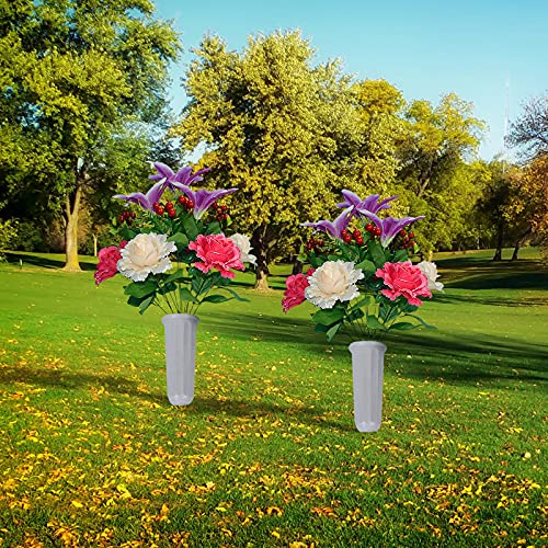 DUDNJC 2Pcs Artificial Graveyard Flower with vase, Memorial Flower, Cemetery Flower, Outdoor Grave Decorations , Artificial Rose Mixed Flower for Lawn or Memorial Arrangements Silk Flowers