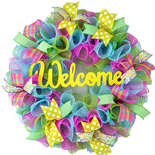 Summer Spring Welcome Door Wreath; Pink, Turquoise, Yellow, Green : P1 Artificial Flower Arrangements