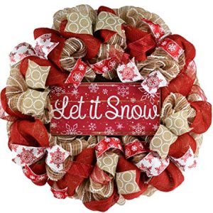 burlap let it snow wreath winter christmas mesh front door wreath white red brown jute 0
