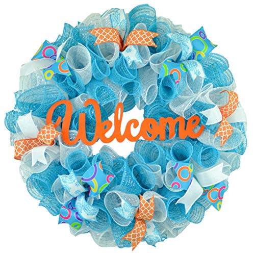 Everyday Welcome Wreath – Spring Door Wreath – Summer Mesh Wreath – Orange Turquoise White Teal : P9 Artificial Flower Arrangements