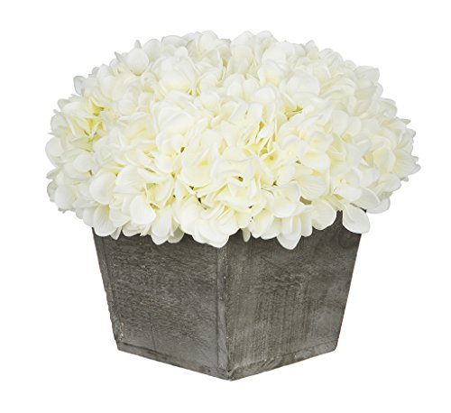 House of Silk Flowers Artificial Hydrangea in Grey-Washed Wood Cube (White) Artificial Flower Arrangements