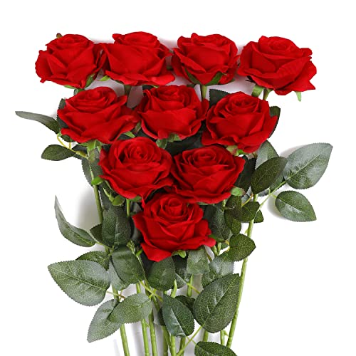 justoyou 10 pcs artificial red roses flowers for valentines day realistic blossom roses real touch silk rose single fake flower long stem bouquets for home wedding party decoration 10pcs red 0