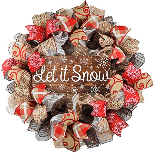 Rustic Let It Snow Wreath | Winter Christmas Mesh Front Door Wreath; White Red Brown Jute Artificial Flower Arrangements