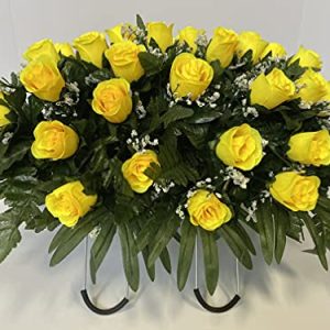 yellow rose with babys breath flowers cemetery headstone saddle arrangement 0