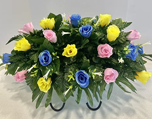 Cemetery Headstone Saddle Arrangement with Pink, Blue and Yellow Roses with White accent-Grave Decoration Artificial Flower Arrangements