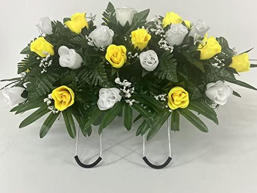 Yellow and White Rose Headstone Saddle for Cemetery Grave Decoration, Summer Flowers for Gravesite, Sympathy Flowers Artificial Flower Arrangements