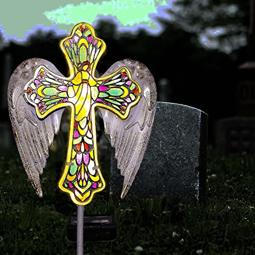 TEDOF Solar Cross Stakes Lights Cemetery Decorations Outdoor LED Garden Lights,Christmas Cross Angel Wings Remembrances Gifts,for Memorial of The Dead Cemetery Garden Lawn Yard Halloween Decor Artificial Flower Arrangements