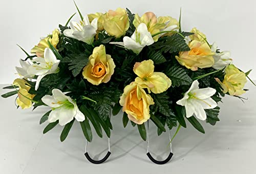 Buy Cemetery Headstone Saddle Arrangement with Yellow Roses and White Lilies Grave Decoration Sympathy Silk Flowers Mothers Day 0 Silkyflowerstore