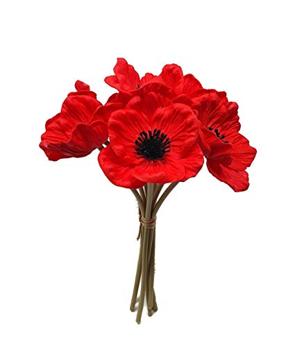 Floral Kingdom 8 pcs Real Touch Anemone Poppy Bouquet for Artificial Flower Decor (Red) Artificial Flower Arrangements