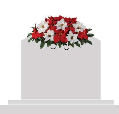 Product: Sympathy Silks Artificial Cemetery Flowers - Christmas Poinsettias - Outdoor Grave Decorations - Red and White Poinsettias Saddle for Headstone