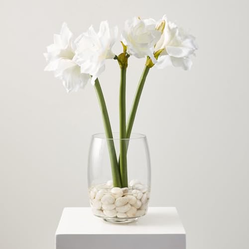 Silky Flower Store Artificial White Amaryllis Flower Arrangement, Natural River Stones, Transparent Barrel Vase, 22in H 3 3 Product: DIY Artificial Flower, White Amaryllis, Natural River Stones. Delicate and Tranquil. For Daily Winter Decoration, Home Water Feature Display, Office Ambience Enhancement. In Transparent Barrel - shape