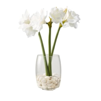 Product: Delicate White Amaryllis & Artificial Baby Breath Flowers with Natural River Stones for Tranquil Winter Home Decor & Office Ambience