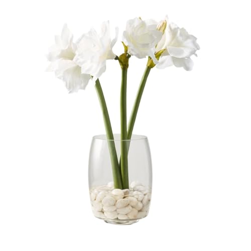 Delicate White Amaryllis & Artificial Baby Breath Flowers with Natural River Stones for Tranquil Winter Home Decor & Office Ambience - Artificial Flower Arrangements Product: Delicate White Amaryllis & Artificial Baby Breath Flowers with Natural River Stones for Tranquil Winter Home Decor & Office Ambience