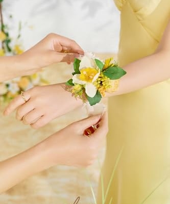 Product: Ling's Moment 6pcs Wedding Wrist Corsage Artificial Flowers, Girl/Mother Homecoming Prom Corsages Wristlet Décor, etc. Yellow Blush