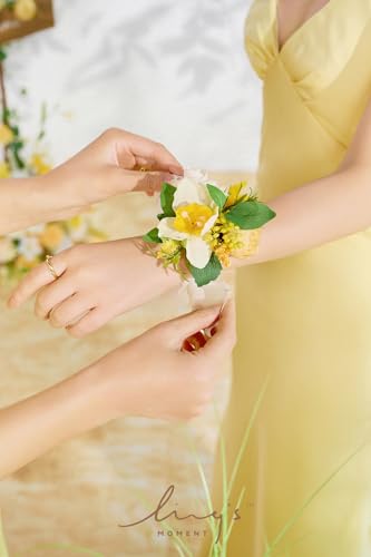 Product: Ling's Moment 6pcs Wedding Wrist Corsage Artificial Flowers, Girl/Mother Homecoming Prom Corsages Wristlet Décor, etc. Yellow Blush