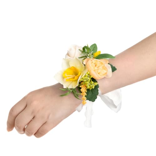 Product: Ling's Moment 6pcs Wedding Wrist Corsage Artificial Flowers, Girl/Mother Homecoming Prom Corsages Wristlet Décor, etc. Yellow Blush