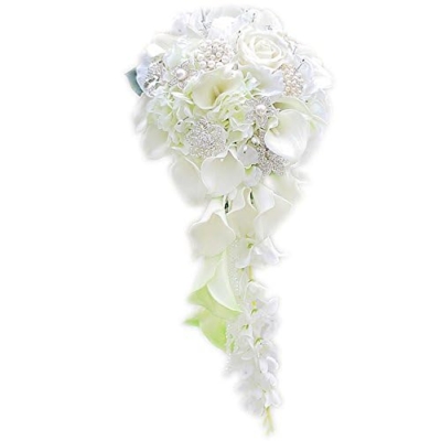 Product: IFFO Calla Lilies Simulation Rose Diamonds Pearl Bride Wedding Bouquet (White)