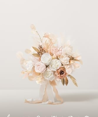 Product: Ling's Moment Boho Wedding Bouquets for Bride, White Beige and Gold Bridal Bouquets for Bride, 15 Inch Free Form Artificial Wedding Flower Bouquet