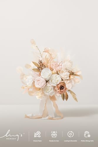 Product: Ling's Moment Boho Wedding Bouquets for Bride, White Beige and Gold Bridal Bouquets for Bride, 15 Inch Free Form Artificial Wedding Flower Bouquet