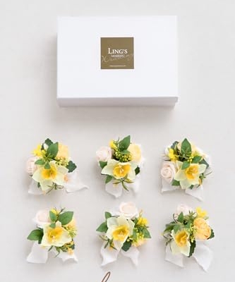Product: Ling's Moment 6pcs Wedding Wrist Corsage Artificial Flowers, Girl/Mother Homecoming Prom Corsages Wristlet Décor, etc. Yellow Blush
