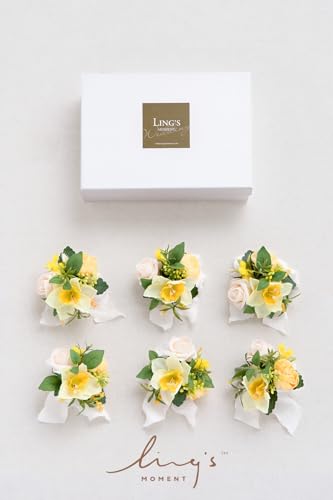 Product: Ling's Moment 6pcs Wedding Wrist Corsage Artificial Flowers, Girl/Mother Homecoming Prom Corsages Wristlet Décor, etc. Yellow Blush