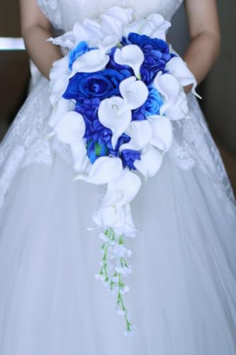 Silky Flower Store Royal Blue White Calla Lily Bridal Bouquet, Waterfall Water Drops Luxury Wedding Bouquet, Handmade Faux Floral Decor 32.5cm 6 6 Product: IFFO Royal Blue Bouquet, Bridal Bouquets for Wedding,White Calla Lily Bridal Bouquet, Water Drops Waterfall Shape, Luxury Jewelry Bouquet Romantic Wedding (No Jewelry)