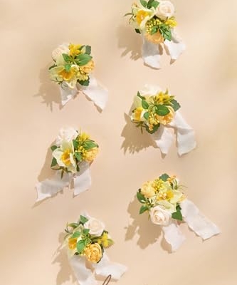 Product: Ling's Moment 6pcs Wedding Wrist Corsage Artificial Flowers, Girl/Mother Homecoming Prom Corsages Wristlet Décor, etc. Yellow Blush