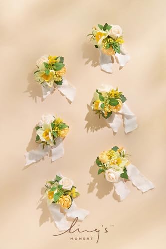 Product: Ling's Moment 6pcs Wedding Wrist Corsage Artificial Flowers, Girl/Mother Homecoming Prom Corsages Wristlet Décor, etc. Yellow Blush