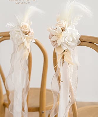 Product: Ling's Moment 8pcs Wedding Artificial Aisle Pew Flowers Chair Decorations Arrangements with Chiffon Ribbons Boho White Beige for Ceremony Chair Back Floral Decor Reception Church Party Outdoor