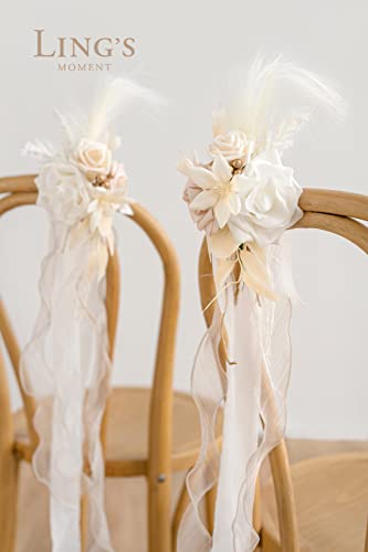 Product: Ling's Moment 8pcs Wedding Artificial Aisle Pew Flowers Chair Decorations Arrangements with Chiffon Ribbons Boho White Beige for Ceremony Chair Back Floral Decor Reception Church Party Outdoor