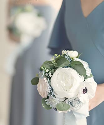 Product: Ling's Moment Dusty Blue Wedding Bouquets Package - 11" Bridal Bouquet, Bridesmaid Bouquets (Set of 4), Boutonnieres for Men (Set of 6), Wrist Corsage Bracelet (Set of 6)
