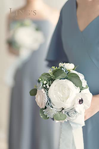 Product: Ling's Moment Dusty Blue Wedding Bouquets Package - 11" Bridal Bouquet, Bridesmaid Bouquets (Set of 4), Boutonnieres for Men (Set of 6), Wrist Corsage Bracelet (Set of 6)