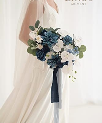 Product: Ling's Moment Navy Blue Bridal Bouquet, 13 Inch Wedding Bouquets for Bride, Silk Free Form Bridal Bouquets for Wedding, Ceremony, Anniversary, etc.