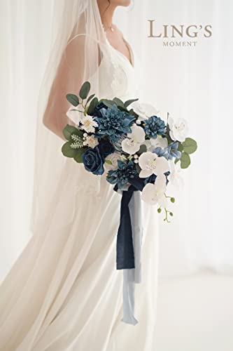 Product: Ling's Moment Navy Blue Bridal Bouquet, 13 Inch Wedding Bouquets for Bride, Silk Free Form Bridal Bouquets for Wedding, Ceremony, Anniversary, etc.