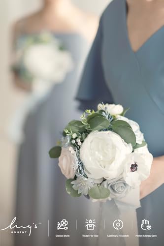 Silky Flower Store Dusty Blue Bridesmaid Bouquet Set of 4, Artificial Silk Foam Wedding Flowers, Blue White Bridal Bouquets, 7 Inch 1 1 Product: Ling's Moment Artificial Flowers Dusty Blue Bridesmaid Bouquet Set of 4, Blue & White Wedding Flowers Bouquets for Bridesmaids, 7 Inch Bridal Bouquets for Bridesmaids