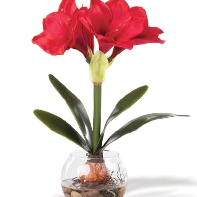 Product: Petals Amaryllis Accent Silk Flower Holiday Design in Glass Ball Vase