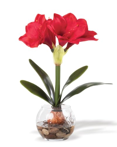 Petals Amaryllis Accent Silk Flower Holiday Design in Glass Ball Vase - Artificial Flower Arrangements Product: Petals Amaryllis Accent Silk Flower Holiday Design in Glass Ball Vase