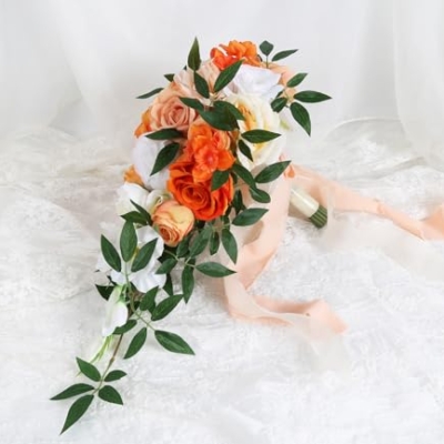 Silky Flower Store Terracotta Orange Cascading Bridal Bouquet, Artificial Wedding Bouquet, Bridesmaid Bouquet, 25.4cm 13 13 Product: INSUNSIX Wedding Bouquet,10 Inch Terracotta Bouquet Cascading Bridal Bouquets for Bride for Wedding Ceremony and Anniversary(Orange)