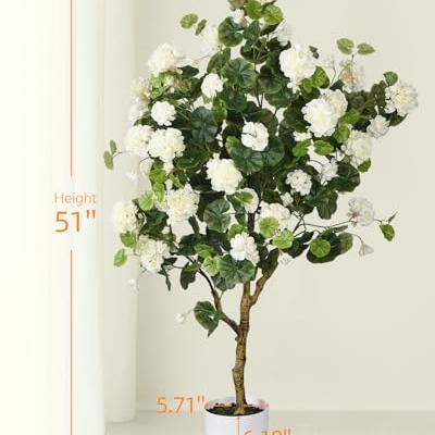 Product: Leflos 4.25ft Artificial Begonia Flower Tree, Faux Begonia Tree with 74 White Flowers, Fake Potted Blooming Floral Plant in White Pot Filled with Dry Moss for Home Indoor Decor