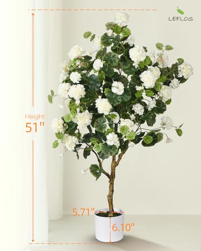 Product: Leflos 4.25ft Artificial Begonia Flower Tree, Faux Begonia Tree with 74 White Flowers, Fake Potted Blooming Floral Plant in White Pot Filled with Dry Moss for Home Indoor Decor