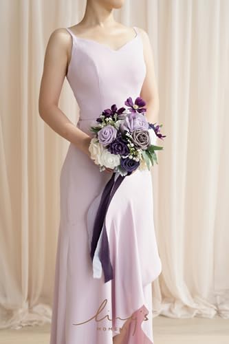 Silky Flower Store Purple Bridal Bouquet, Lilac Silk Wedding Bouquet, Artificial Bridesmaid Bouquet, Premade Wedding Flowers 9 Inch 3 3 Product: Ling's Moment Purple Bridal Bouquet for Bride, Lilac Wedding Bouquets for Bride Maid of Honor Bridesmaid, 9 Inch Silk Round Artificial Wedding Flowers Bouquets, Small Bridesmaid Bouquet