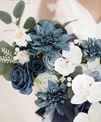 Product: Ling's Moment Navy Blue Bridal Bouquet, 13 Inch Wedding Bouquets for Bride, Silk Free Form Bridal Bouquets for Wedding, Ceremony, Anniversary, etc.