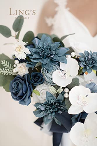 Product: Ling's Moment Navy Blue Bridal Bouquet, 13 Inch Wedding Bouquets for Bride, Silk Free Form Bridal Bouquets for Wedding, Ceremony, Anniversary, etc.