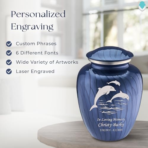 Product: Geturns Embrace Adult Personalized Dolphin Cremation Urns for Human Ashes I Large Pearl Cobalt Blue Funeral Urn for Men and Women I 200 lbs
