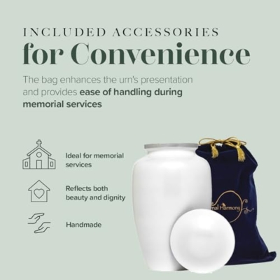 Silky Flower Store Large Cremation Urn for Ashes, Adult Memorial Urn, Secure Seal, Velvet Bag, C Pearl, 7x11 in 9 9 Product: Eternal Harmony Large Urn for Ashes, Adult Male & Female Cremation Vase for Human Ashes, Secure Seal & Velvet Bag, Funeral Vase for Men & Women Up to 200 lbs, 7x11” (Large, C Pearl)