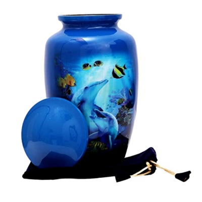 Silky Flower Store HLC URNS Dolphin Ocean Blue Cremation Urn for Human Ashes, Adult Funeral Urn, Handmade Memorial Urn 10.5 x 6 inches 10 10 Product: HLC URNS Dolphin Ocean Blue Cremation Urn for Human Ashes - Adult Funeral Urn Handcrafted - Affordable Urn for Ashes (Adult (200 lbs) – 10.5 x 6 “, Cremation Urn)