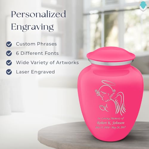 Product: Geturns Embrace Adult Personalized Angel Cremation Urns for Human Ashes I Large Bright Pink Funeral Urn for Adult Men and Women with Double Side Engraving I 200 lbs