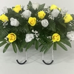 Product: Yellow and White Rose Headstone Saddle for Cemetery Grave Decoration, Summer Flowers for Gravesite, Sympathy Flowers