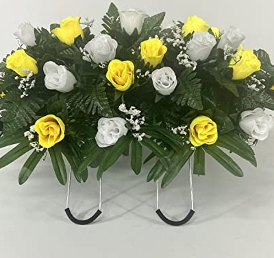Product: Yellow and White Rose Headstone Saddle for Cemetery Grave Decoration, Summer Flowers for Gravesite, Sympathy Flowers