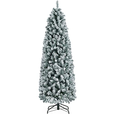 Product: Yaheetech 6Ft Snow Flocked Fir Pencil Christmas Tree Slim Corner Hinged Artificial Xmas Tree with 814 Branch Tips and Metal Stand, Holiday Decoration for Home, Office, Party, White